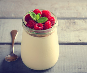 Healthy breakfast - fresh Greek yogurt with raspberries and mint