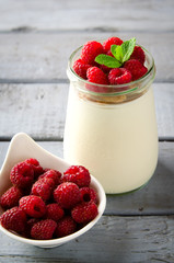 Healthy breakfast - fresh Greek yogurt with raspberries and mint