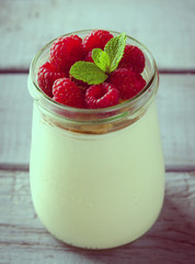 Healthy breakfast - fresh Greek yogurt with raspberries and mint