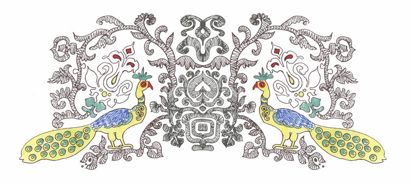 Watercolor pattern with tropical peacock birds and flowers