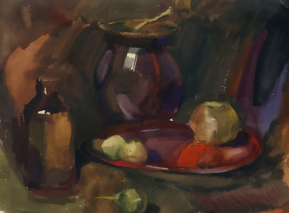 Still life with Bottle, Vase and fruits. Watercolor Painting