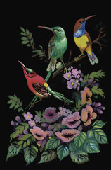 Watercolor wild exotic birds on flowers 