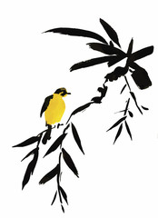 Watercolor wild exotic birds on flowers 