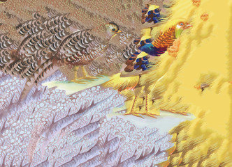 Watercolor abstract pheasant animals birds in floral background