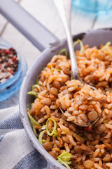 ice with lentils and leeks.selective focus