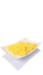 Malaysian dish Net Pancake or locally known as Roti Jala on white plate over white background. Usually served with beef curry.