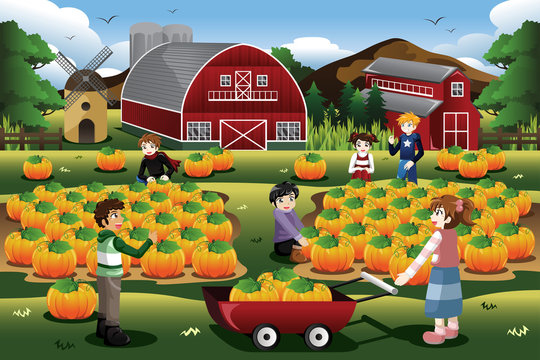 Kids On A Pumpkin Patch Trip In Autumn Or Fall Season