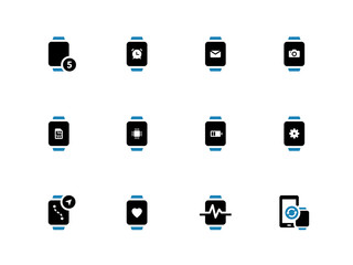 Smart watch with battery and settings duotone icons on white