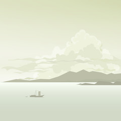 Sailboat in the Bay against the Background of Coast