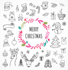 Merry Christmas - Doodle Xmas symbols, hand drawn illustrations