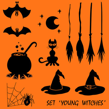 Vector set young witches isolated on orange background