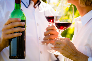 Nahaufnahme von Seniorenpaar mit Wein