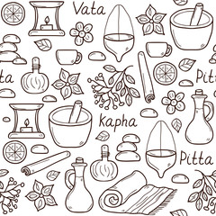 Seamless background with cartoon ayurvedic objects in hand drawn