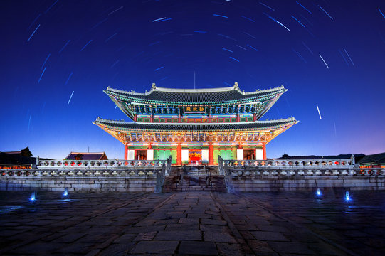 Gyeongbokgung Palace with Star trails at night in seoul,Korea.