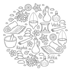 Set of cartoon ayurvedic hand drawn objects for background in