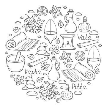 Set of cartoon ayurvedic hand drawn objects for background in