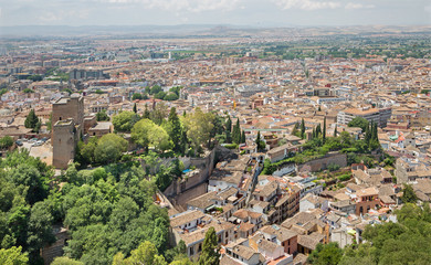 Fototapeta na wymiar Granada - The outlook over the town from Alhambra fortress.
