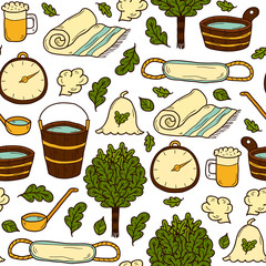 Vector seamless background with cartoon hand drawn sauna objects