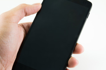 Black modern smart phones in hand on white background
