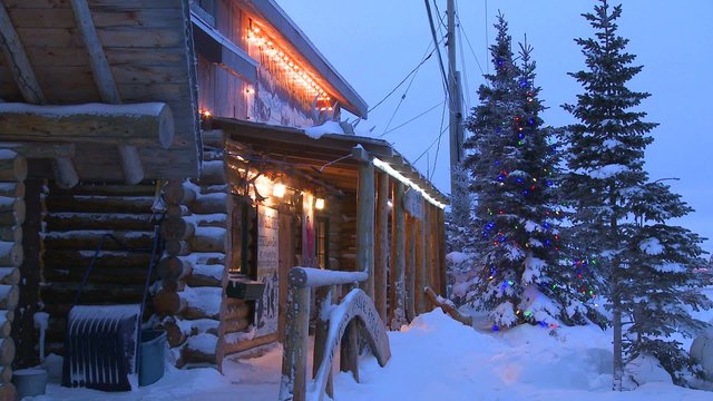 A general store, hotel, or lodge on the frozen tundra of Hudson Bay, Canada.