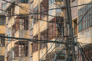 Cable chaos in front of apartments in Xinjiang China