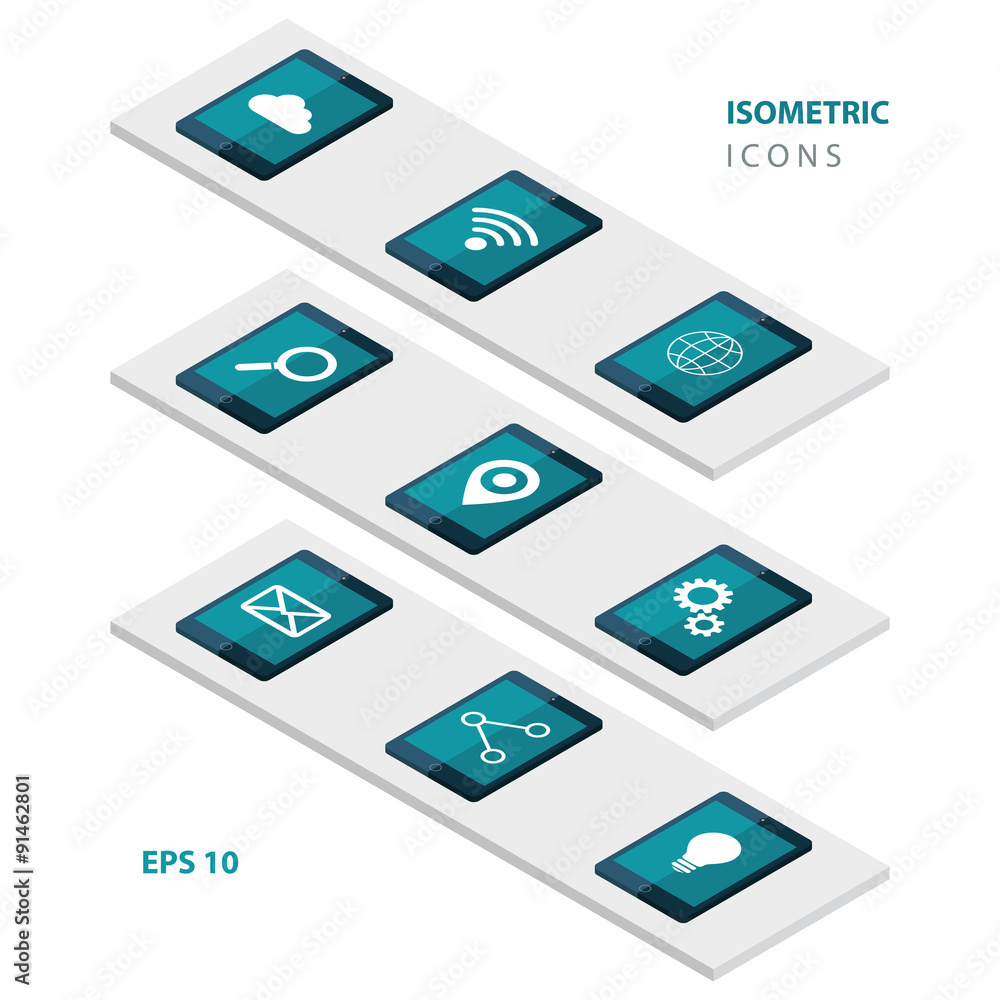 Poster set of isometric web icons on tablet screen. vector illustration.