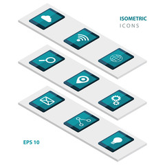 Set of isometric web icons on tablet screen. Vector illustration.