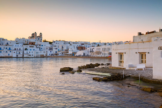 Beach in Naousa village on Paros island, Greece on September 04 2015.