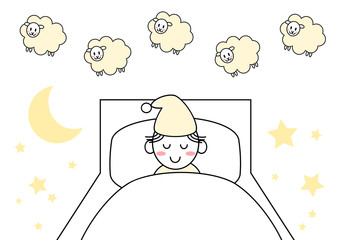 睡眠のイラスト: 羊を数えて眠る人