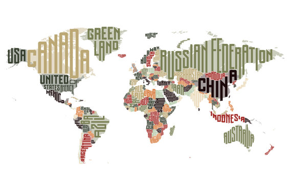 World map made of typographic country names