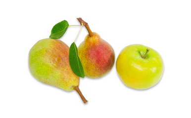 Two pear Bartlett and apple on a light background