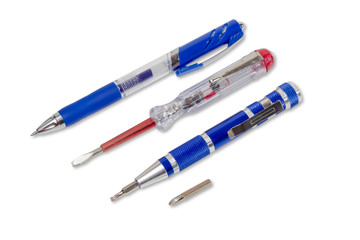 Screwdriver, neon screwdriver test light and ballpoint pen
