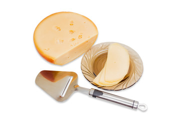 Piece of cheese, sliced cheese and cheese slicer