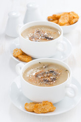 delicious mushroom cream soup with croutons, vertical