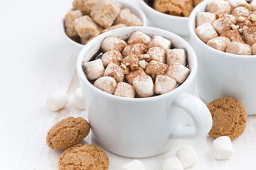 two cups of cocoa with marshmallow and cookies