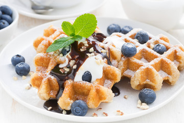 waffles with fresh blueberries for breakfast, close-up