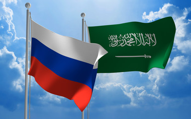 Russia and Saudi Arabia flags flying together for diplomatic talks