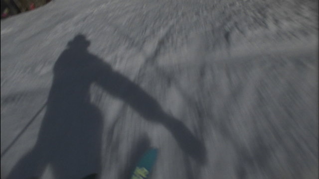 A skier's shadow precedes him down the hill.