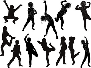 twelve active girl silhouettes collection on white