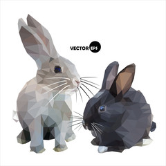 The hare and the rabbit black and white isolated on white background. Bunny and the cute Bunny is made in the style of vector polygon (abstract low-poly) illustration.
