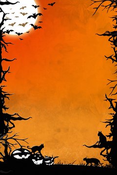 Halloween night orange vertical background with trees, bats, cats and pumpkins