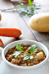 bowl of lentil stew with potatoes
