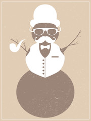 Old retro hipster snowman with pipe brown