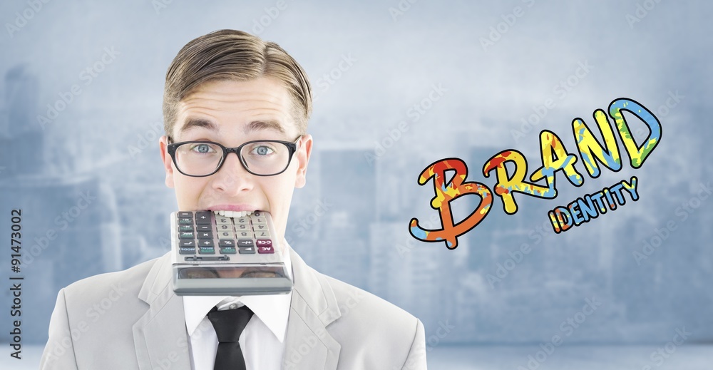 Poster composite image of geeky smiling businessman biting calculator