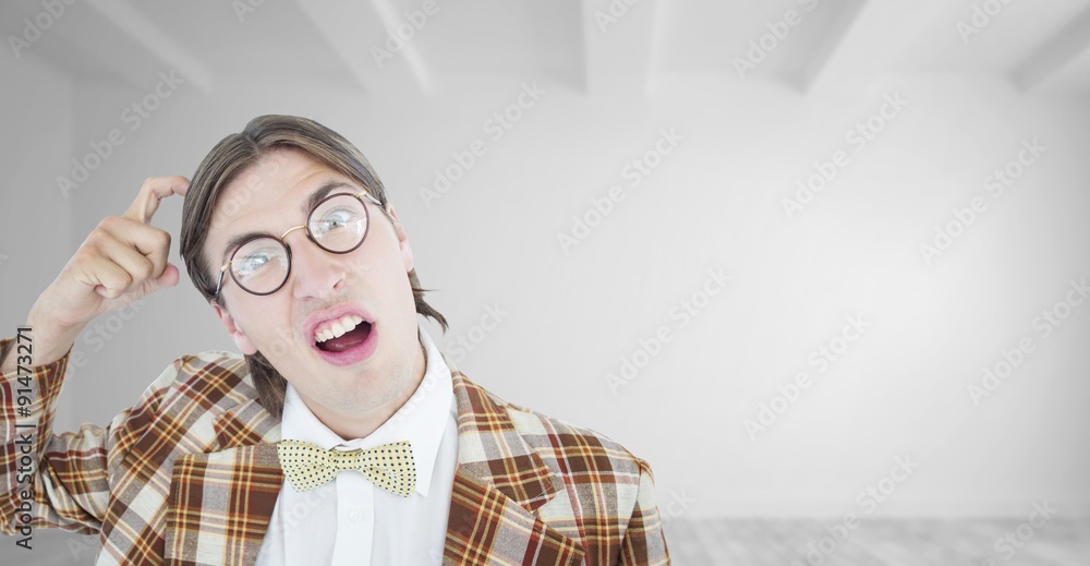 Poster composite image of geeky hipster scratching his head