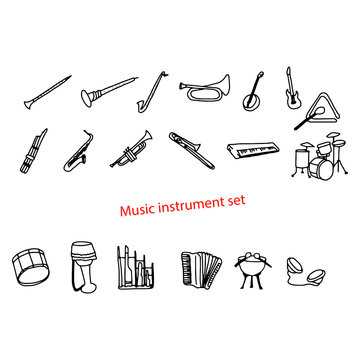 illustration vector doodles hand drawn music instrument set.