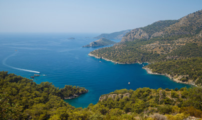 Sea landscape top view. Sea lagoon with beautiful turquoise water. Blue lagoon, Turkey.