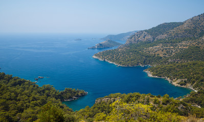 Fototapeta na wymiar Sea landscape top view. Sea lagoon with beautiful turquoise water. Blue lagoon, Turkey.