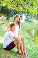 happy young couple enjoying vacation at the lake.