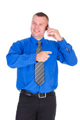 Happy and smile business man. Successful businessman in blue shirt and tie speak by cell mobile phone and showing gesture  thumb to side, isolated white background, Concept of leadership and success